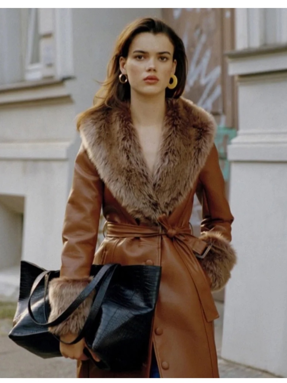 Urban Outfitters Camel Faux-Fur Trim Leather Long Trench Coat Size Small